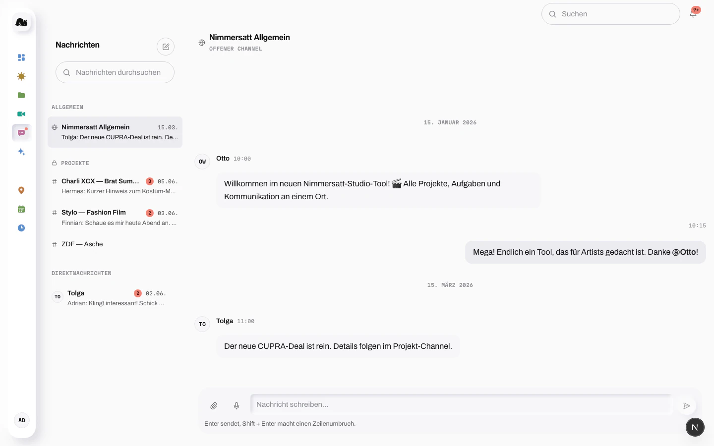 Nachrichten mit offenem Channel, Projekt-Channels und Direktnachrichten